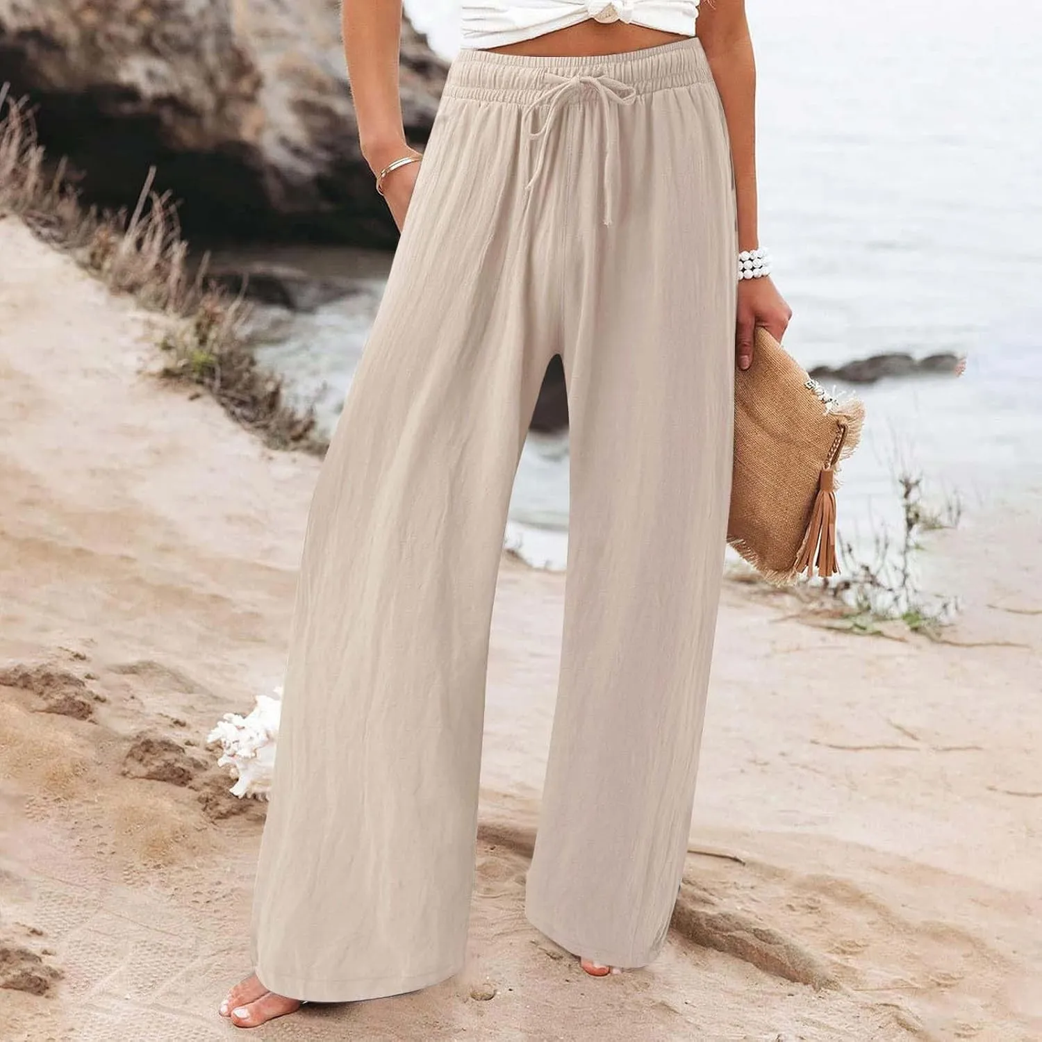 Linen Pants for Women Summer Wide Leg Palazzo Pants Drawstring Elastic Waist Loose Boho Pants Casual Beach Trousers