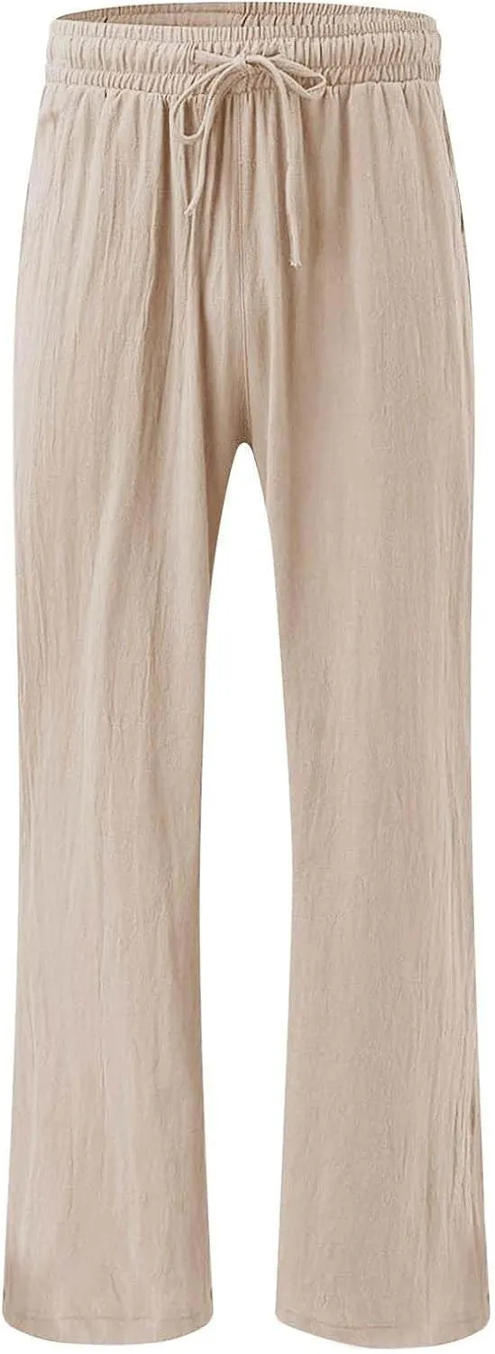 Linen Pants for Women Summer Wide Leg Palazzo Pants Drawstring Elastic Waist Loose Boho Pants Casual Beach Trousers