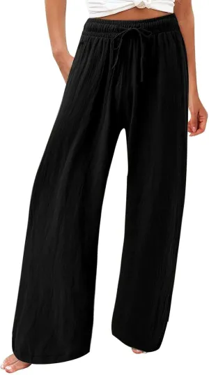 Linen Pants for Women Summer Wide Leg Palazzo Pants Drawstring Elastic Waist Loose Boho Pants Casual Beach Trousers