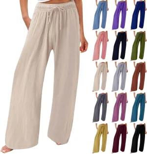 Linen Pants for Women Summer Wide Leg Palazzo Pants Drawstring Elastic Waist Loose Boho Pants Casual Beach Trousers