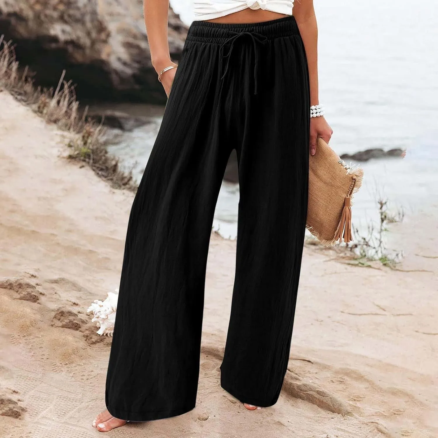 Linen Pants for Women Summer Wide Leg Palazzo Pants Drawstring Elastic Waist Loose Boho Pants Casual Beach Trousers
