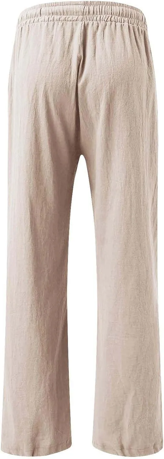 Linen Pants for Women Summer Wide Leg Palazzo Pants Drawstring Elastic Waist Loose Boho Pants Casual Beach Trousers