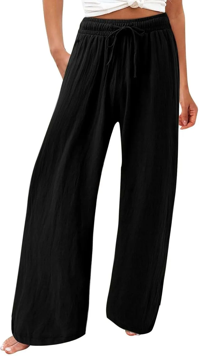 Linen Pants for Women Summer Wide Leg Palazzo Pants Drawstring Elastic Waist Loose Boho Pants Casual Beach Trousers