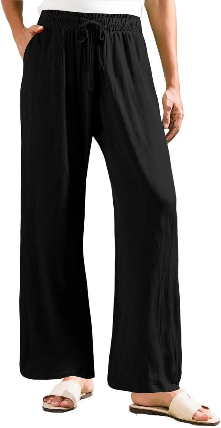 Linen Pants for Women Summer Wide Leg Palazzo Pants Drawstring Elastic Waist Loose Boho Pants Casual Beach Trousers