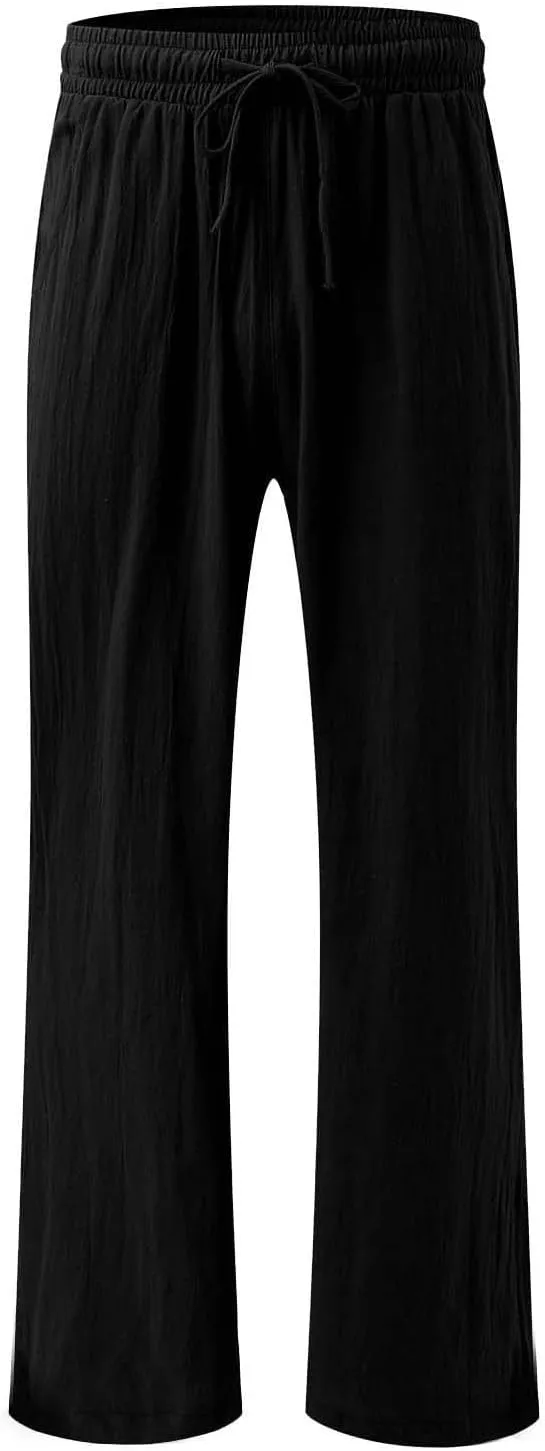 Linen Pants for Women Summer Wide Leg Palazzo Pants Drawstring Elastic Waist Loose Boho Pants Casual Beach Trousers