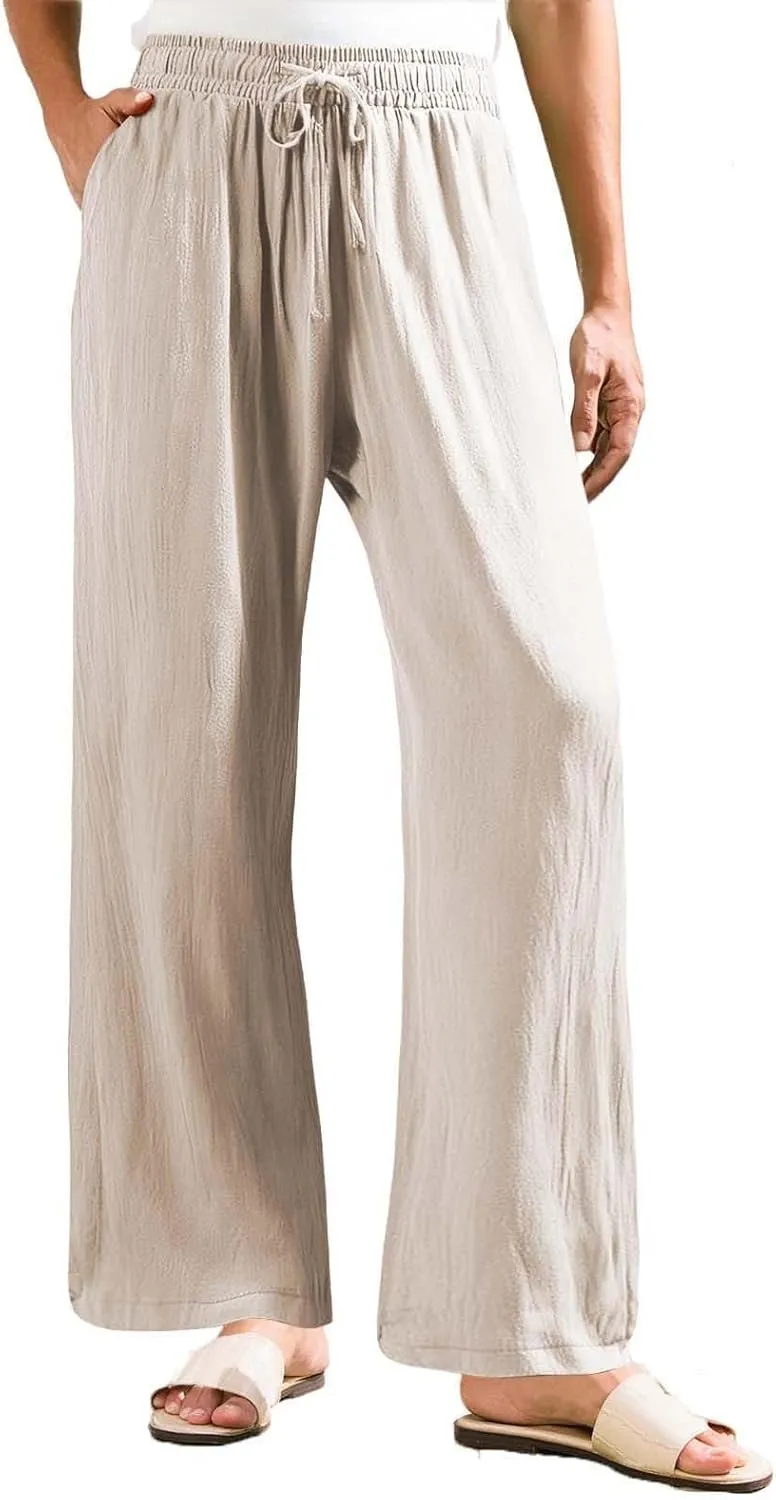 Linen Pants for Women Summer Wide Leg Palazzo Pants Drawstring Elastic Waist Loose Boho Pants Casual Beach Trousers