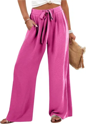 Linen Pants Women High Waisted Flowy Wide Leg Pants Summer Trendy Tie Knot Palazzo Pant Casual Dress Pant