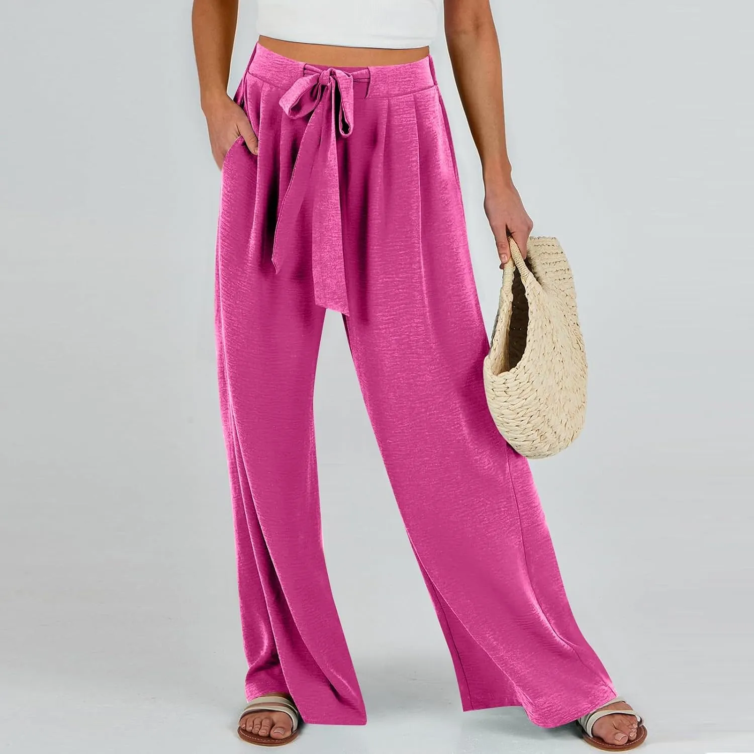 Linen Pants Women High Waisted Flowy Wide Leg Pants Summer Trendy Tie Knot Palazzo Pant Casual Dress Pant