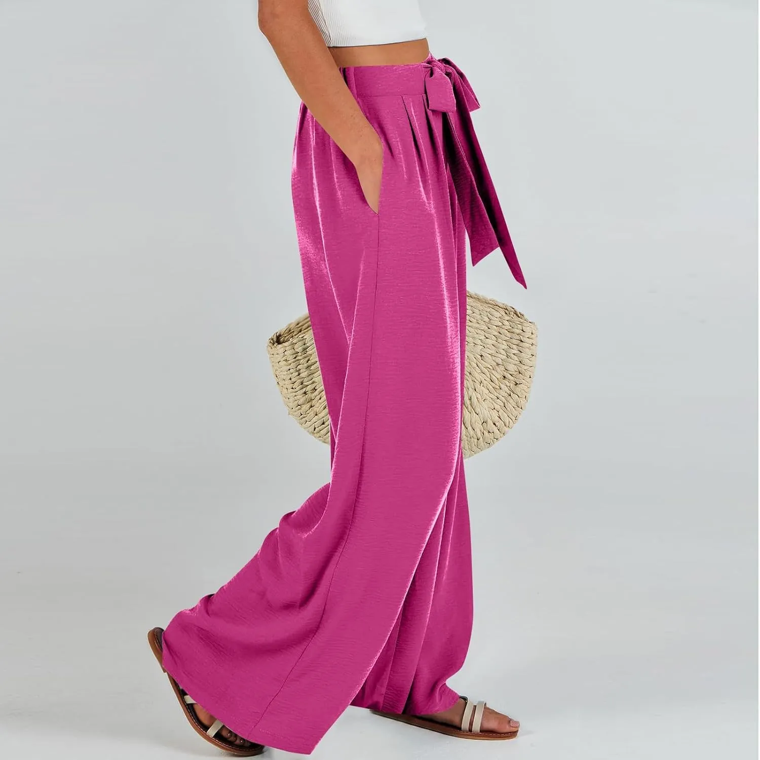 Linen Pants Women High Waisted Flowy Wide Leg Pants Summer Trendy Tie Knot Palazzo Pant Casual Dress Pant