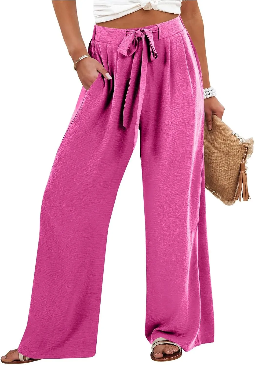 Linen Pants Women High Waisted Flowy Wide Leg Pants Summer Trendy Tie Knot Palazzo Pant Casual Dress Pant