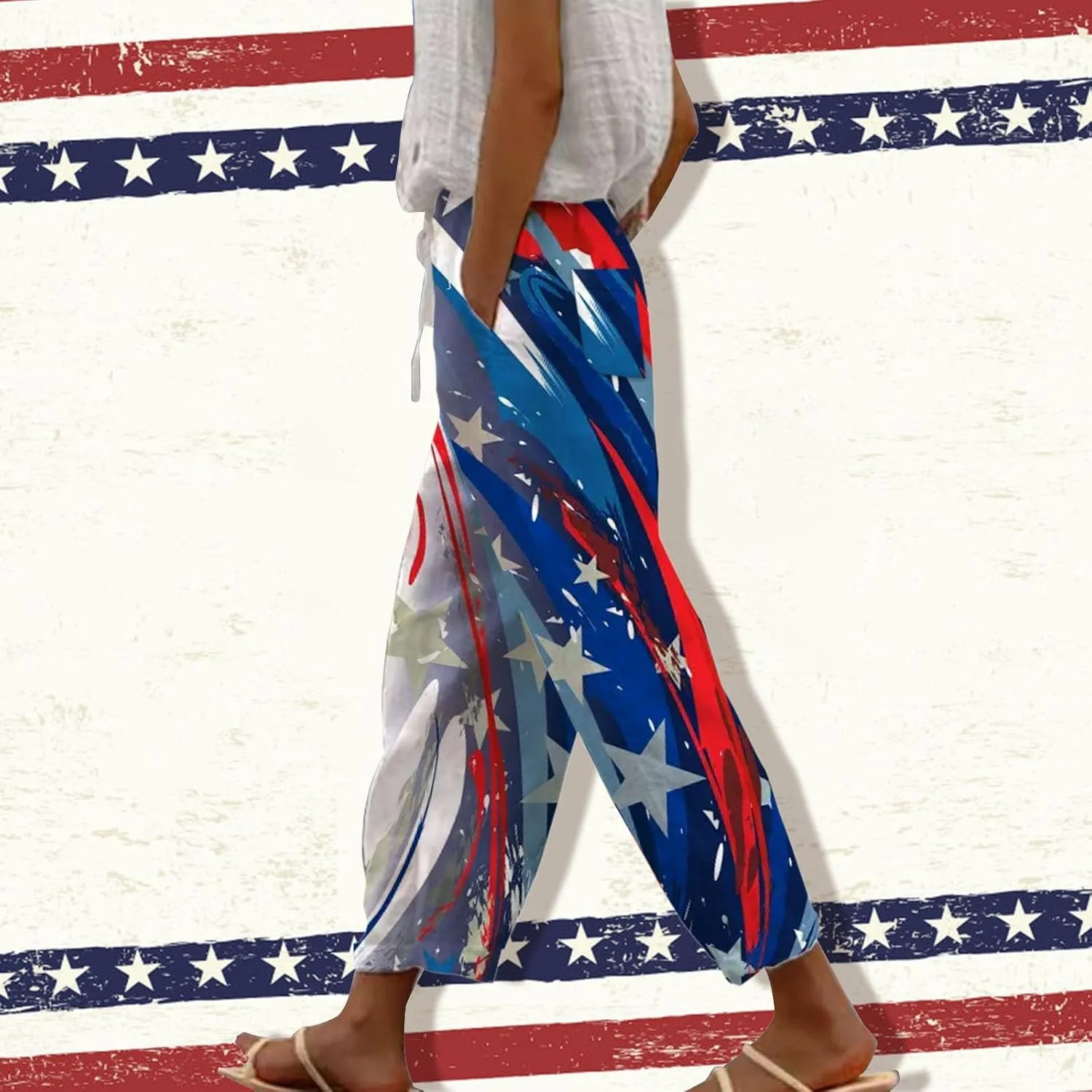 Linen Pants Women Petite Short Sleeve Independence Day American Flag Print Family Print Pants Pants for Women 2024
