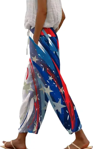 Linen Pants Women Petite Short Sleeve Independence Day American Flag Print Family Print Pants Pants for Women 2024
