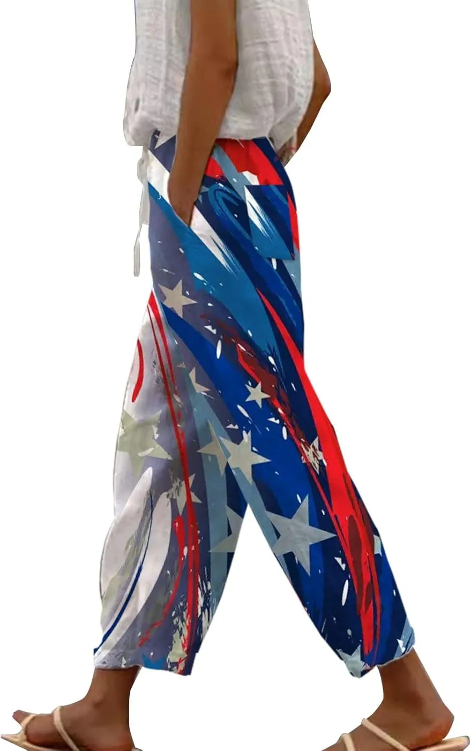 Linen Pants Women Petite Short Sleeve Independence Day American Flag Print Family Print Pants Pants for Women 2024