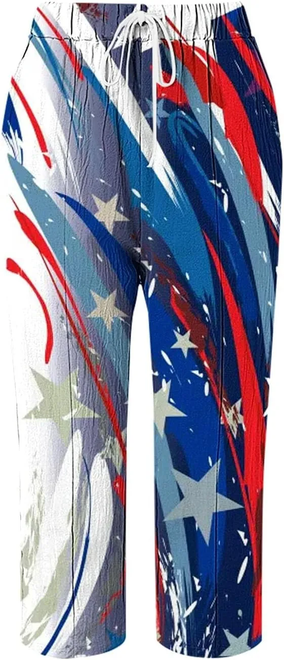 Linen Pants Women Petite Short Sleeve Independence Day American Flag Print Family Print Pants Pants for Women 2024