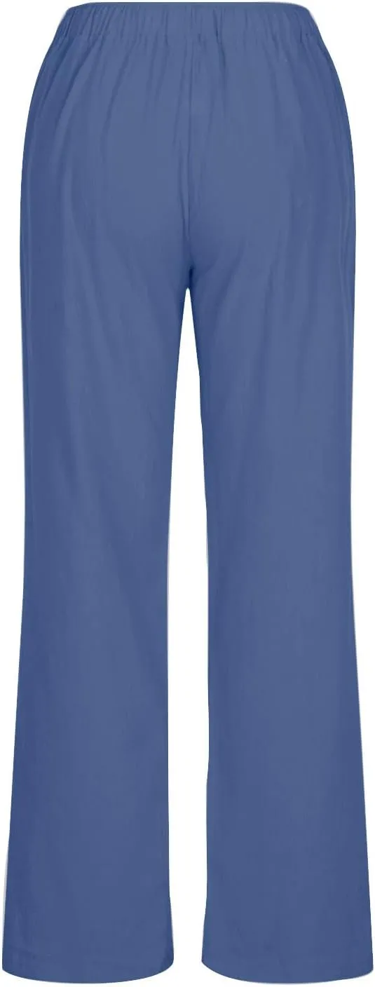 Linen Pants Women Summer Drawstring High Waisted Linen Palazzo Pants Wide Leg Lounge Pant Casual Beach Trousers