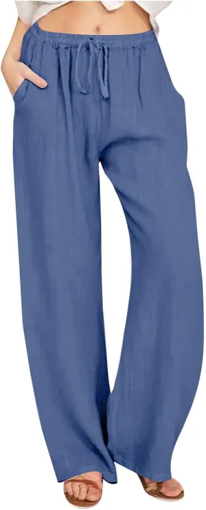 Linen Pants Women Summer Drawstring High Waisted Linen Palazzo Pants Wide Leg Lounge Pant Casual Beach Trousers