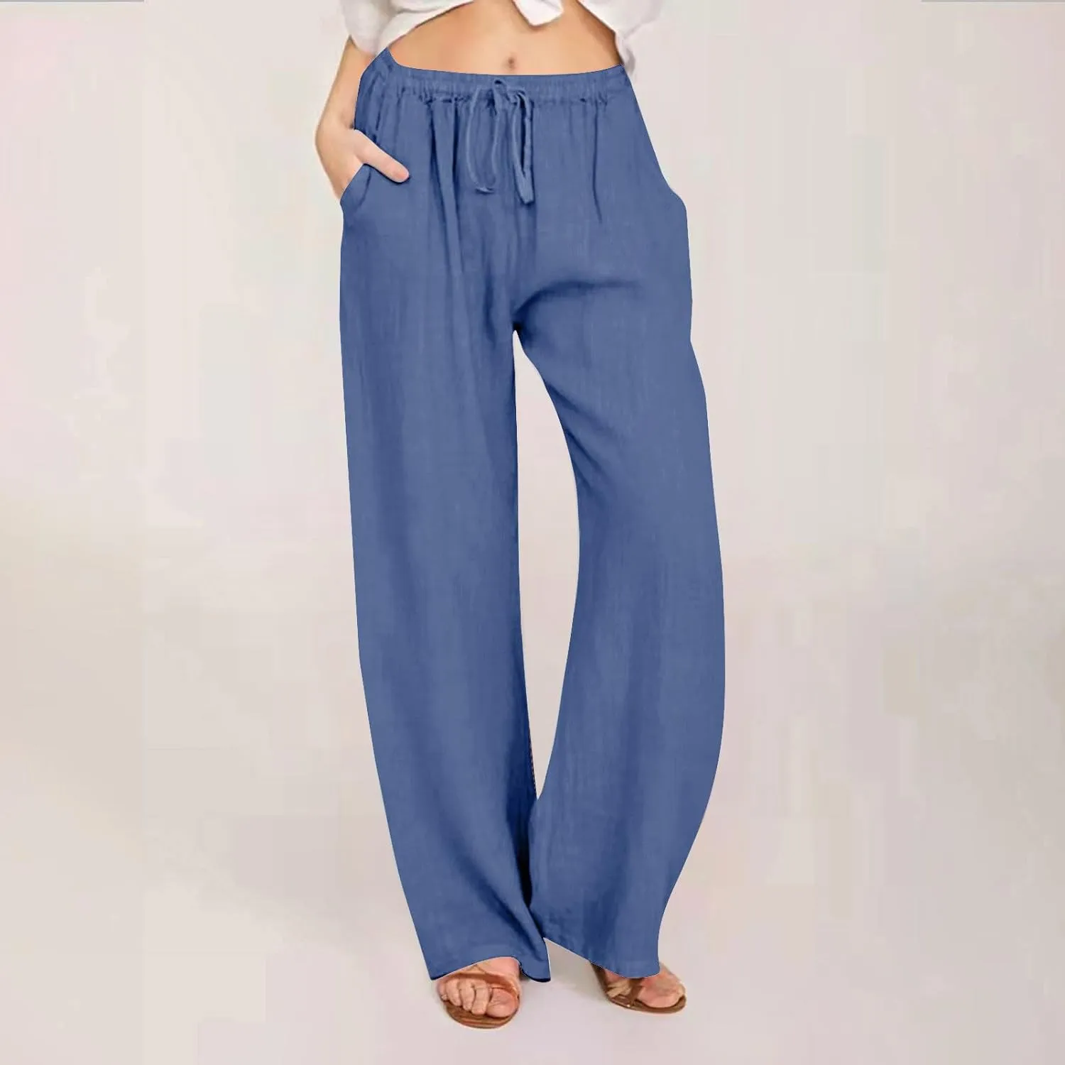 Linen Pants Women Summer Drawstring High Waisted Linen Palazzo Pants Wide Leg Lounge Pant Casual Beach Trousers