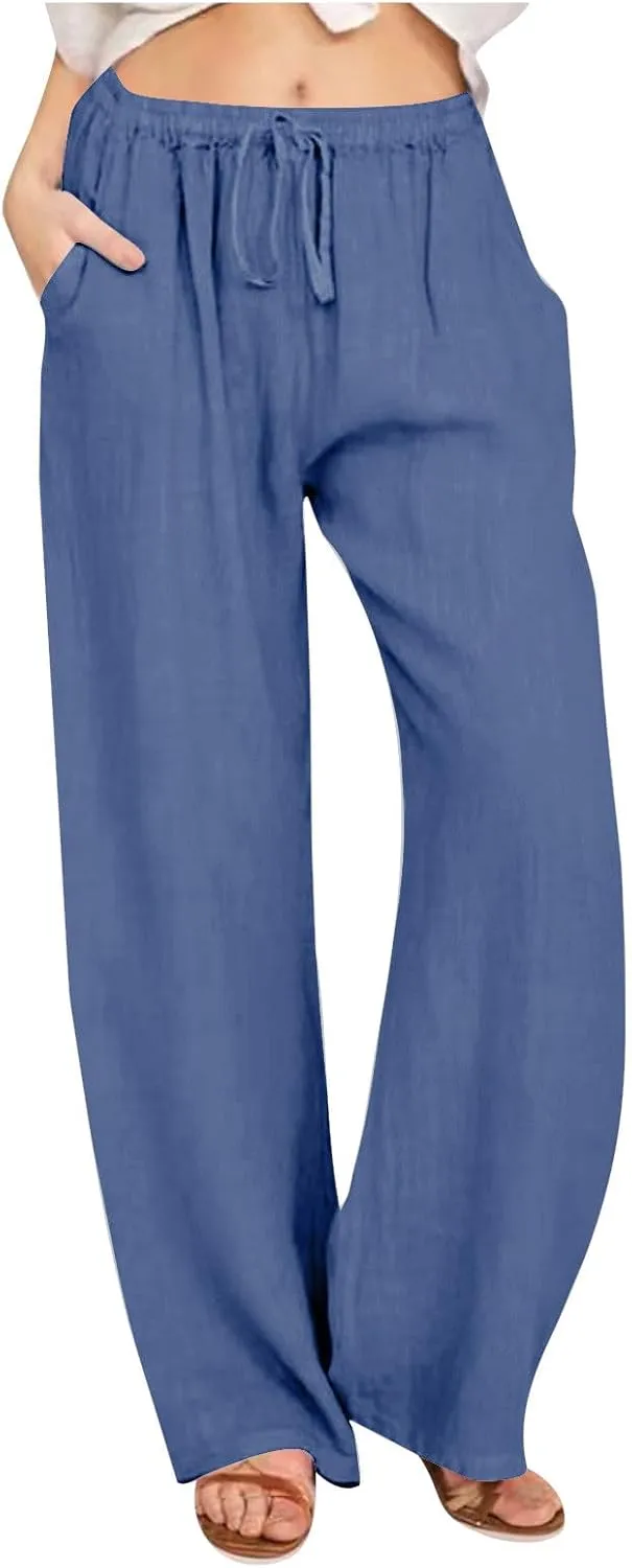 Linen Pants Women Summer Drawstring High Waisted Linen Palazzo Pants Wide Leg Lounge Pant Casual Beach Trousers