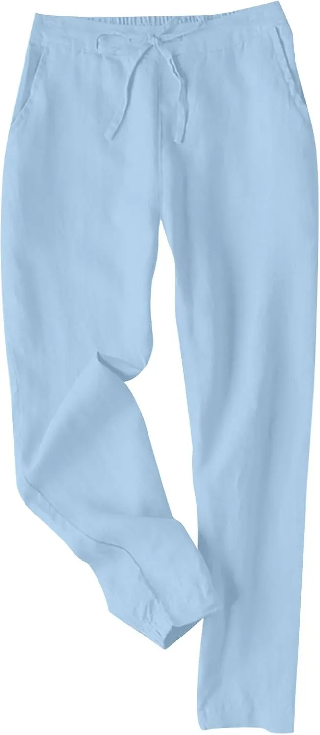 Linen Pants Women Summer Dressy Straight Wide Leg High Waisted Pants Casual Loose Plus Size Baggy Pants Trousers