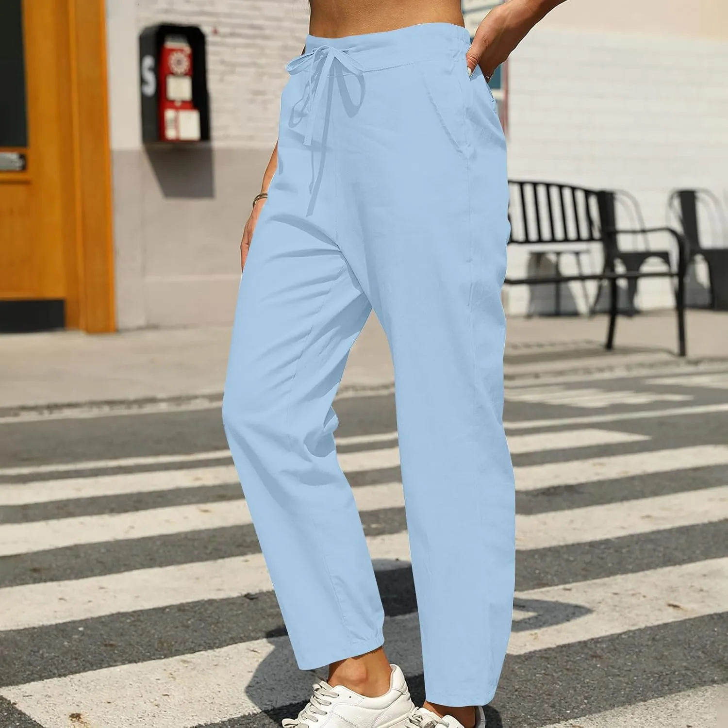 Linen Pants Women Summer Dressy Straight Wide Leg High Waisted Pants Casual Loose Plus Size Baggy Pants Trousers