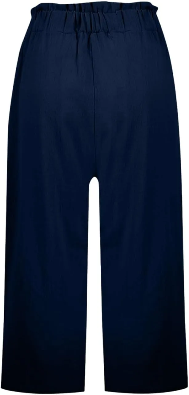 Linen Pants Women Summer Wide Leg Capri Pants High Waisted Capris Loose Palazzo Pant Cropped Trousers