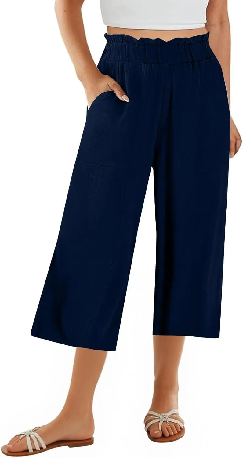 Linen Pants Women Summer Wide Leg Capri Pants High Waisted Capris Loose Palazzo Pant Cropped Trousers