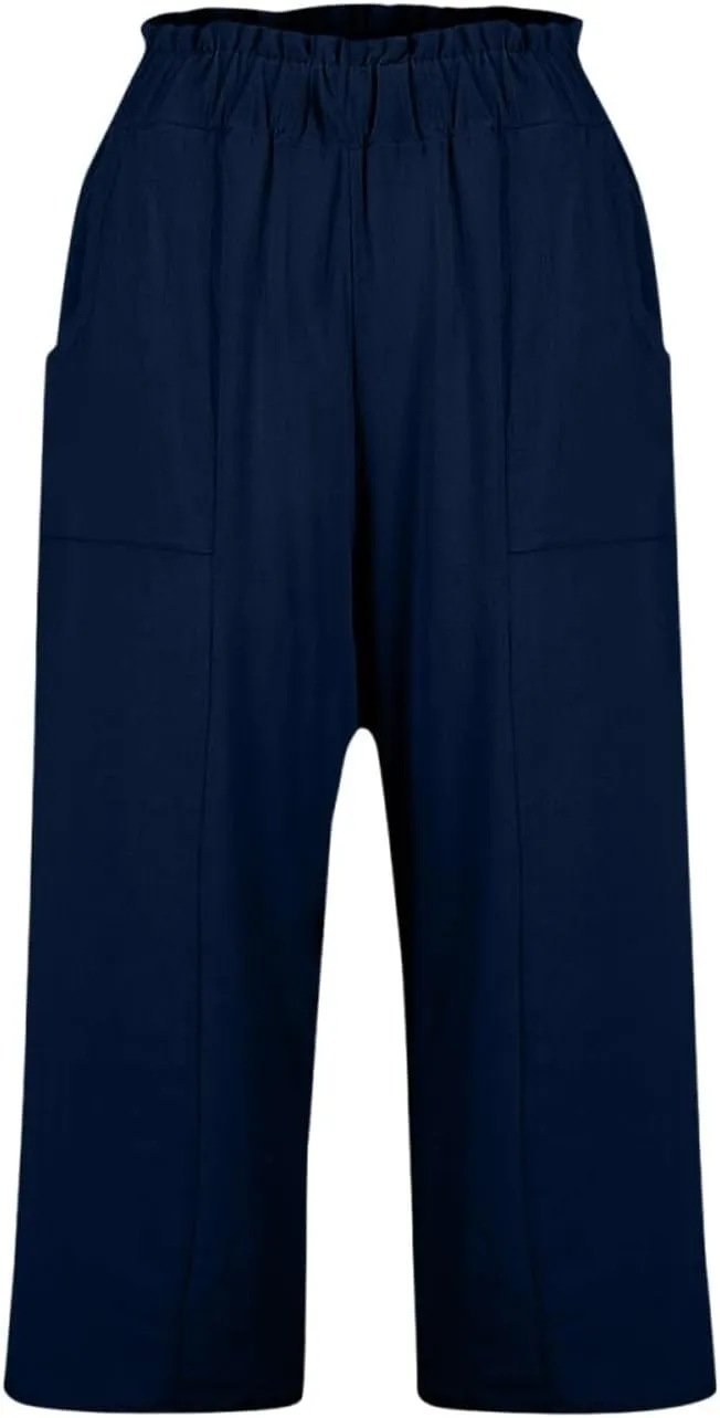 Linen Pants Women Summer Wide Leg Capri Pants High Waisted Capris Loose Palazzo Pant Cropped Trousers