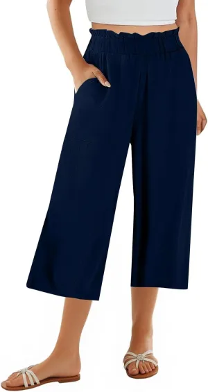 Linen Pants Women Summer Wide Leg Capri Pants High Waisted Capris Loose Palazzo Pant Cropped Trousers