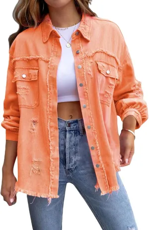 lisenraIn Women Fashion Long Sleeve Jean Jacket Distressed Ripped Denim Jacket Casual Button Down Boyfriend Denim Coat