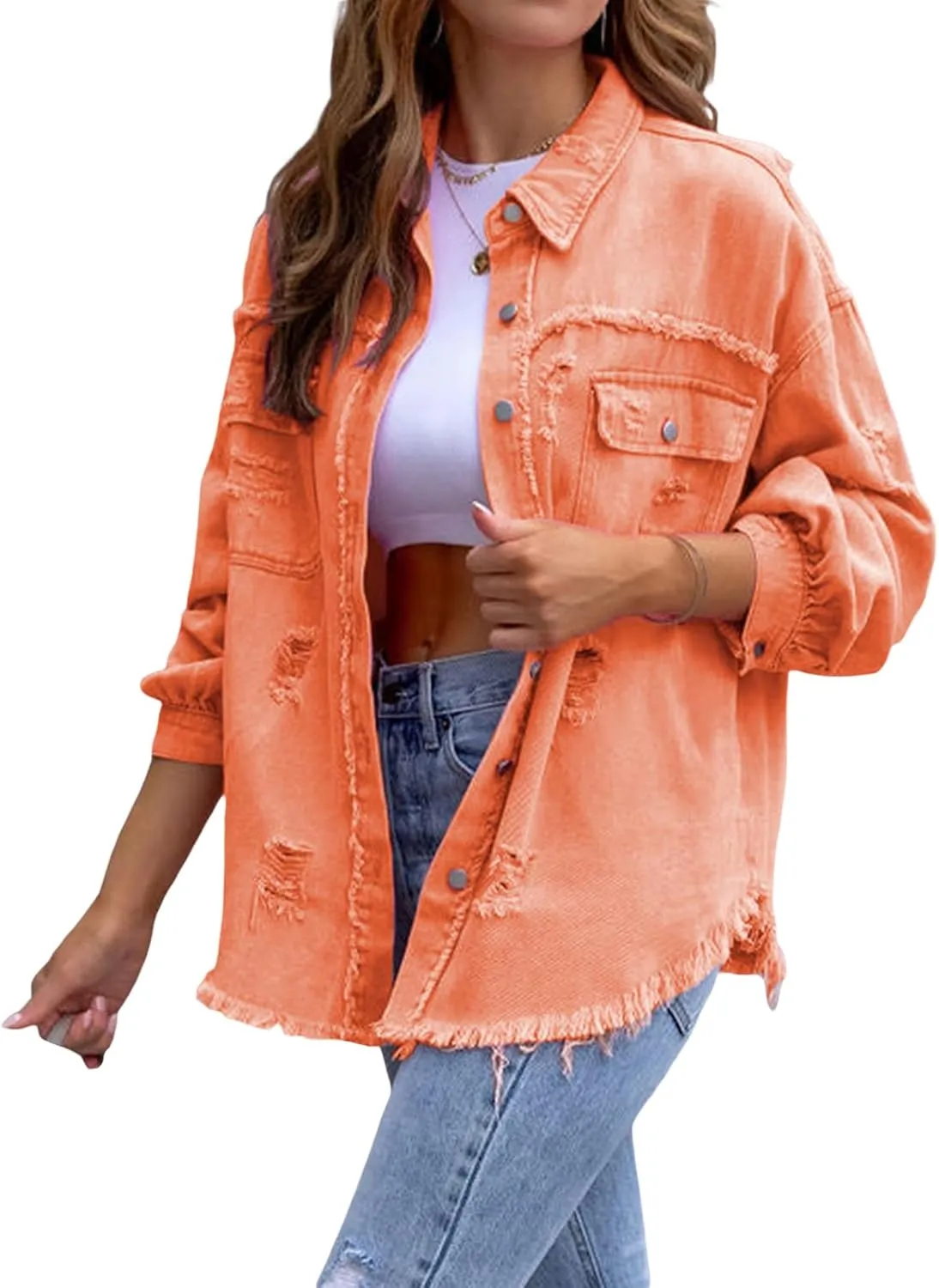 lisenraIn Women Fashion Long Sleeve Jean Jacket Distressed Ripped Denim Jacket Casual Button Down Boyfriend Denim Coat