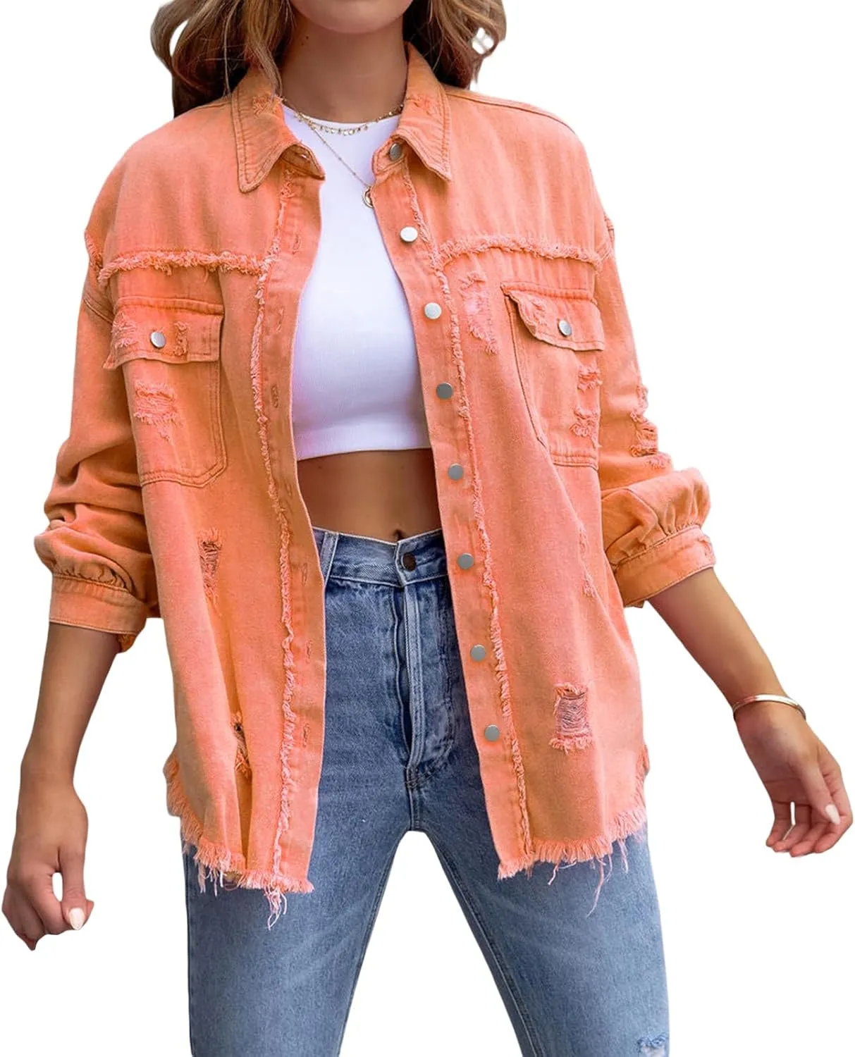 lisenraIn Women Fashion Long Sleeve Jean Jacket Distressed Ripped Denim Jacket Casual Button Down Boyfriend Denim Coat