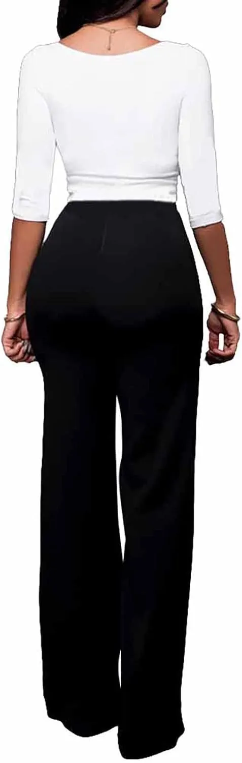 LKOUS Women's Stretchy High Waisted Wide Leg Button-Down Pants Work Dress Pant