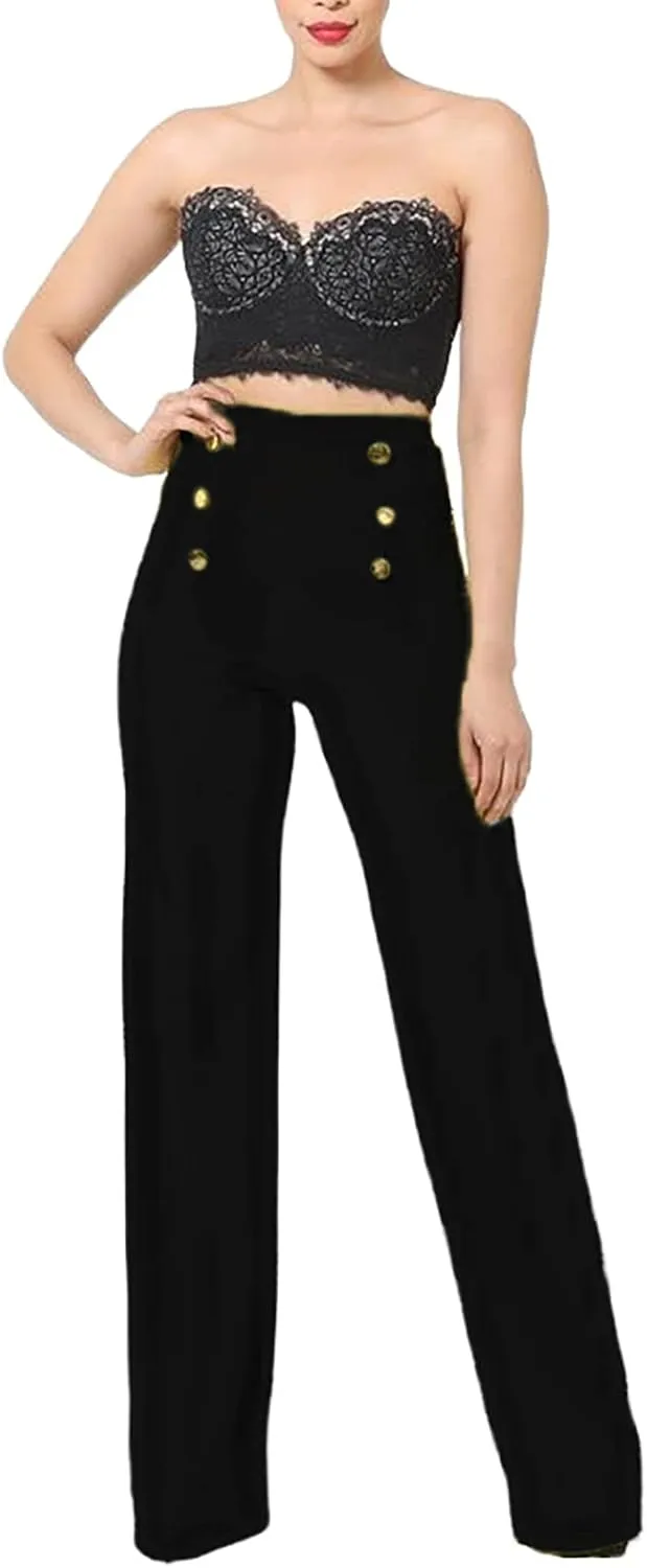 LKOUS Women's Stretchy High Waisted Wide Leg Button-Down Pants Work Dress Pant