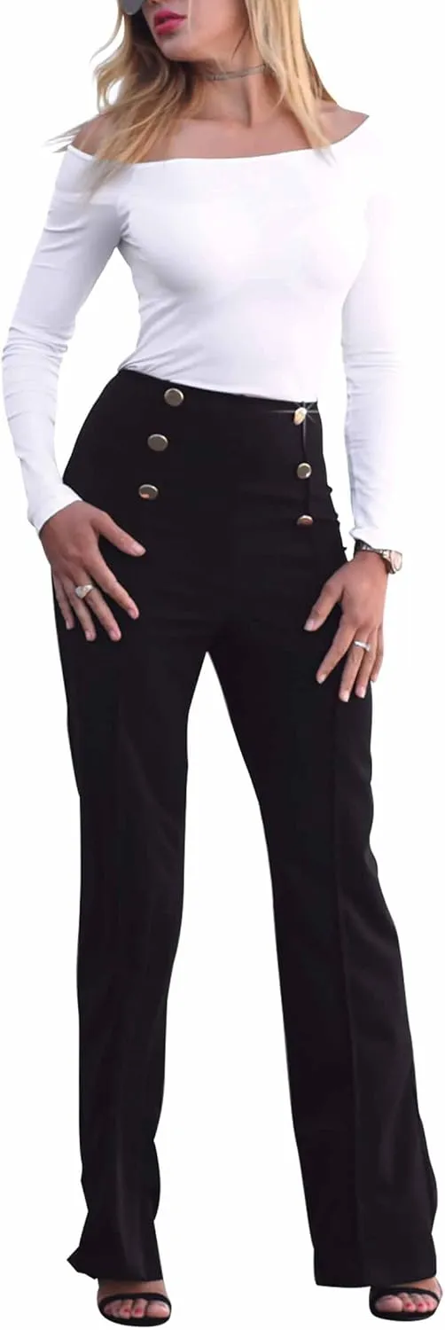 LKOUS Women's Stretchy High Waisted Wide Leg Button-Down Pants Work Dress Pant