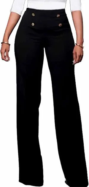 LKOUS Women's Stretchy High Waisted Wide Leg Button-Down Pants Work Dress Pant