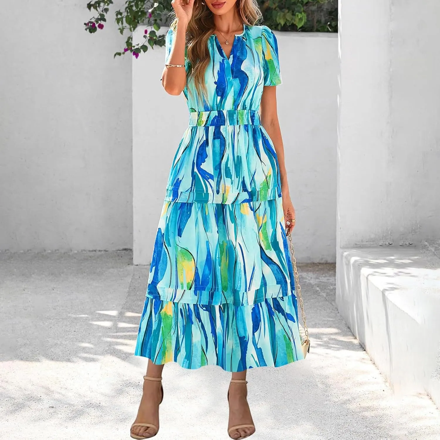 Long Flowy Dresses for Women Fashion Floral Printed Summer Beach Vacation Maxi Dress Casual V Neck Pleated Sundress