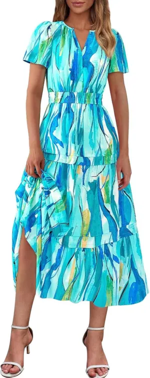 Long Flowy Dresses for Women Fashion Floral Printed Summer Beach Vacation Maxi Dress Casual V Neck Pleated Sundress