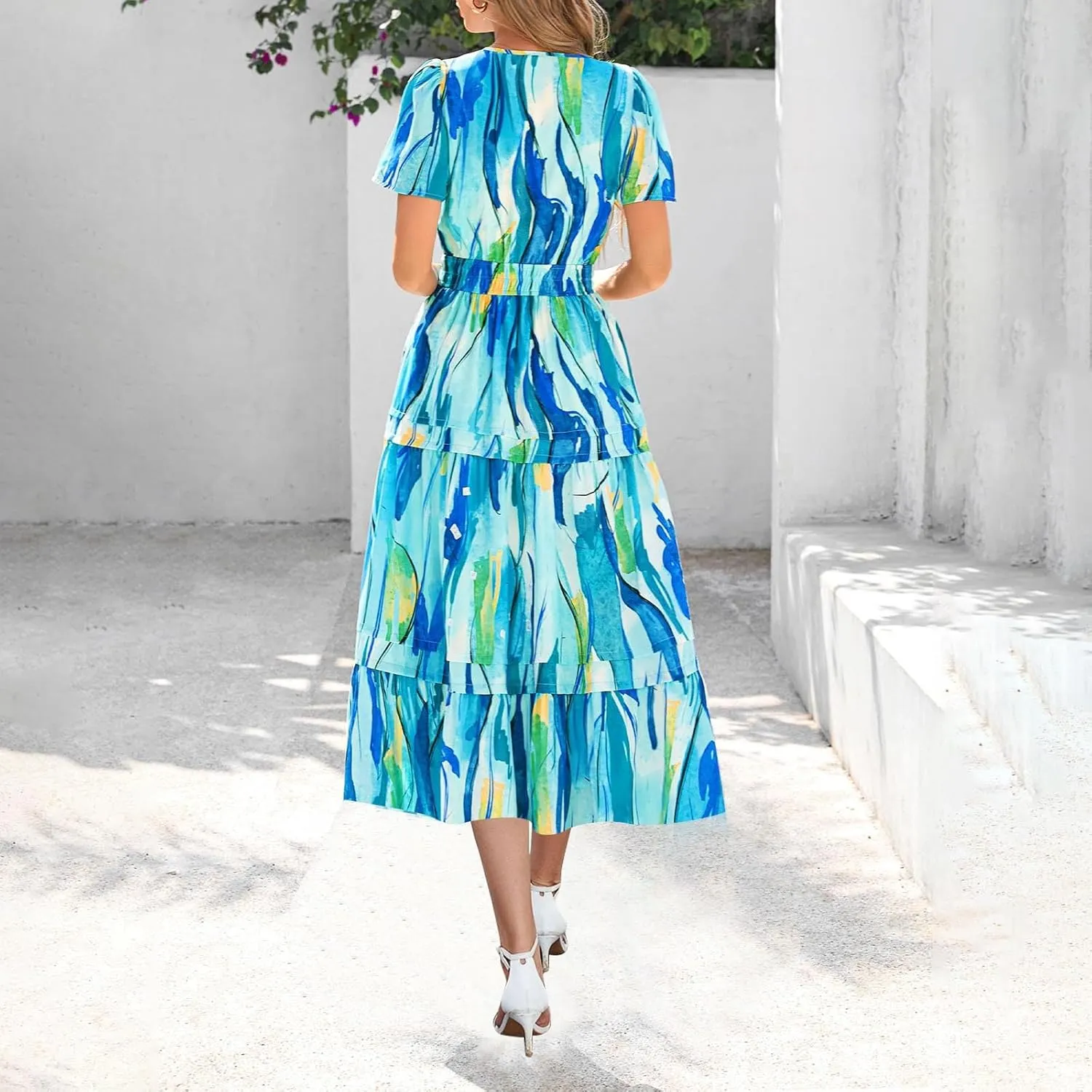 Long Flowy Dresses for Women Fashion Floral Printed Summer Beach Vacation Maxi Dress Casual V Neck Pleated Sundress