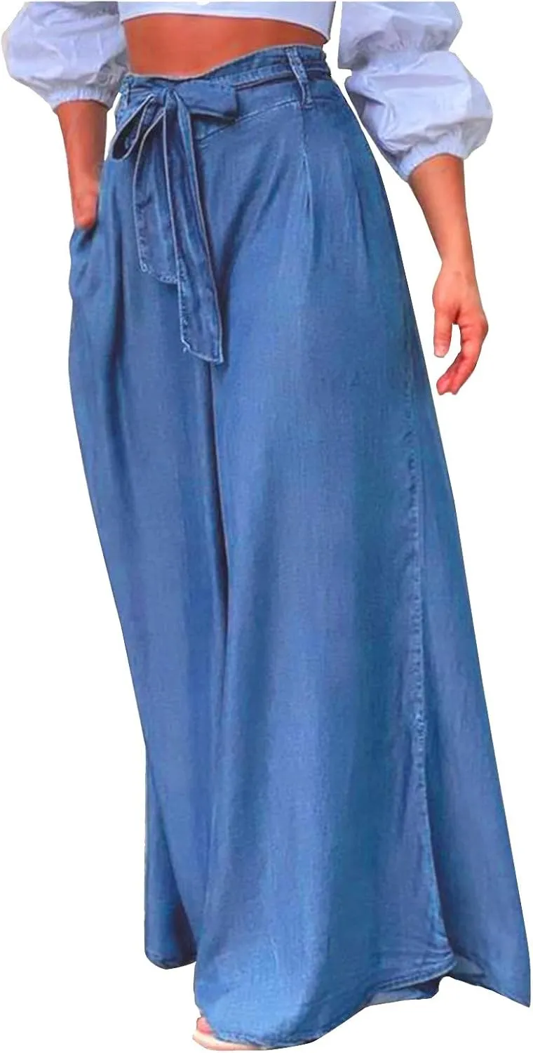 Long Palazzo Pants Jeans for Women Trendy 2024 High Waist Plus Size Loose Pants Lightweight Baggy Flared Denim Pants