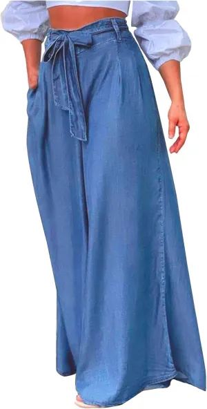 Long Palazzo Pants Jeans for Women Trendy 2024 High Waist Plus Size Loose Pants Lightweight Baggy Flared Denim Pants