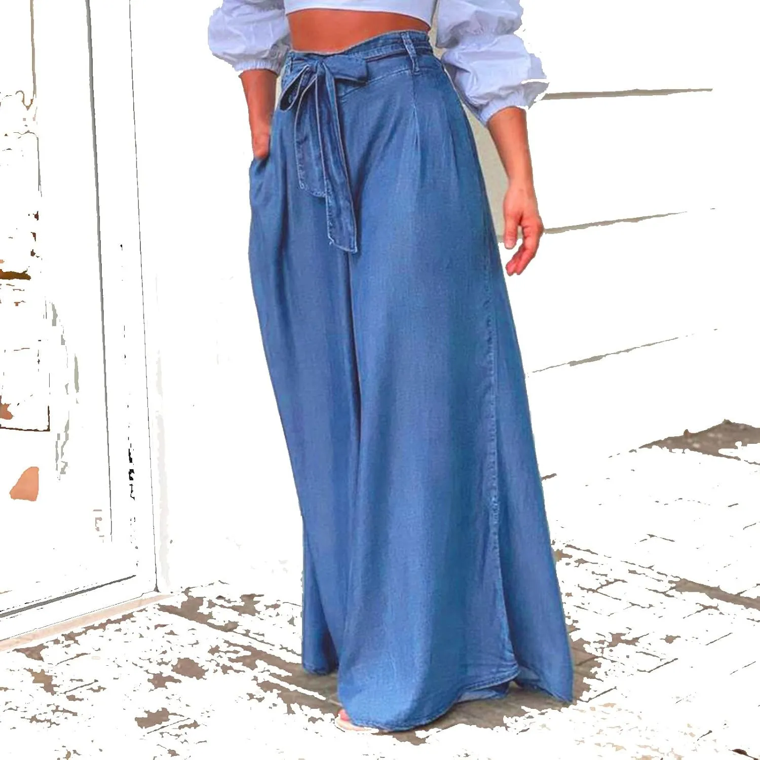 Long Palazzo Pants Jeans for Women Trendy 2024 High Waist Plus Size Loose Pants Lightweight Baggy Flared Denim Pants
