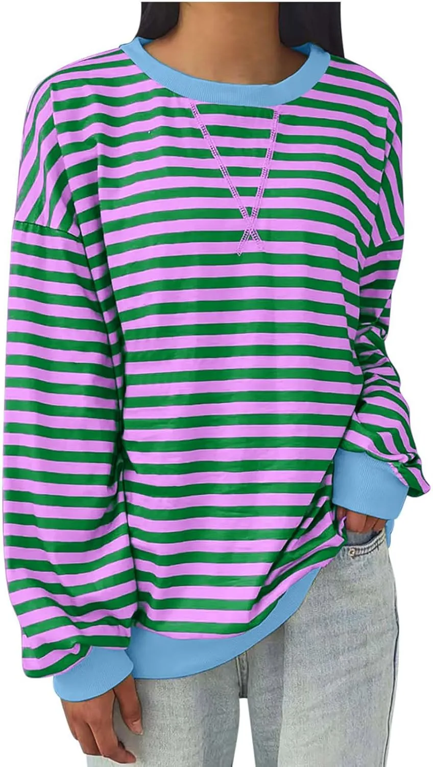 Long Sleeve Sweatshirt for Women Stripe Color Block Sweatshirt Casual Oversized Sweatshirt Crew Neck Pullover
