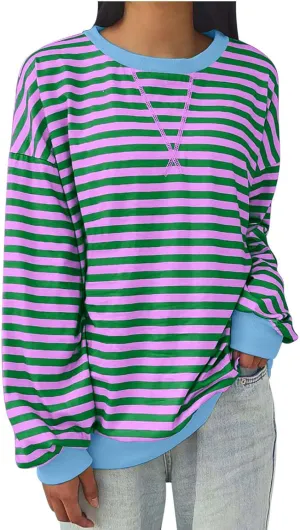 Long Sleeve Sweatshirt for Women Stripe Color Block Sweatshirt Casual Oversized Sweatshirt Crew Neck Pullover
