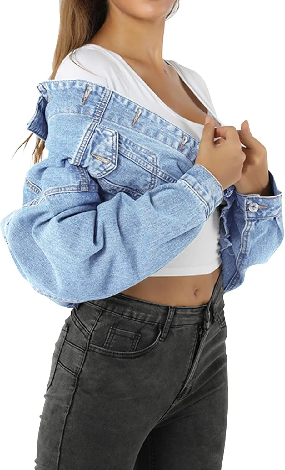 LONGYIDA Women's Jean Jacket Cropped Distressed Denim Jacket Long Sleeve Button Down Jean Jacket For Women