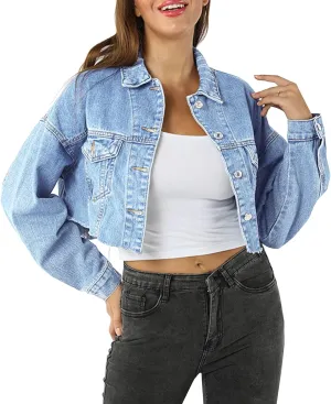 LONGYIDA Women's Jean Jacket Cropped Distressed Denim Jacket Long Sleeve Button Down Jean Jacket For Women