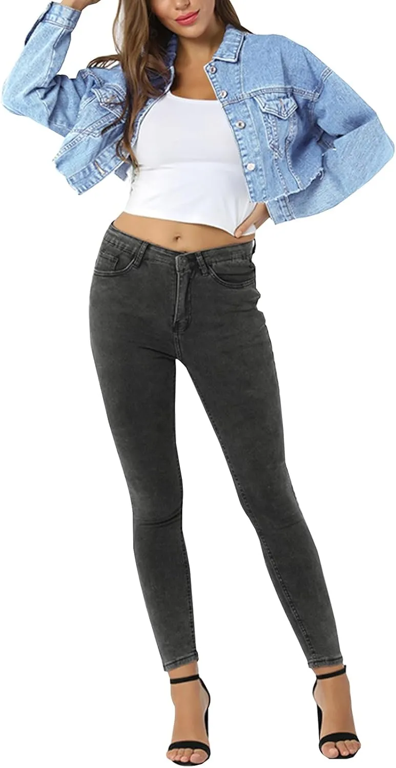 LONGYIDA Women's Jean Jacket Cropped Distressed Denim Jacket Long Sleeve Button Down Jean Jacket For Women