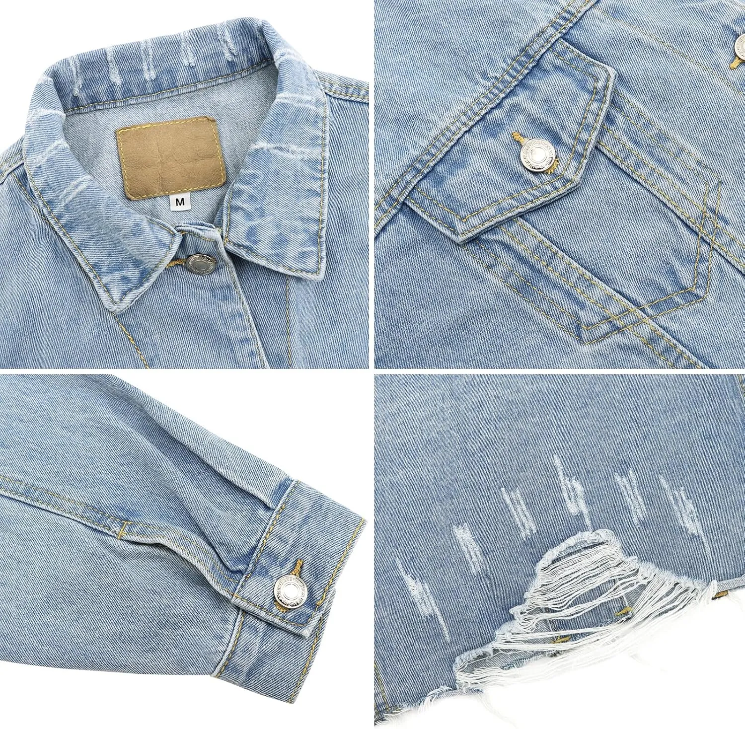 LONGYIDA Women's Jean Jacket Cropped Distressed Denim Jacket Long Sleeve Button Down Jean Jacket For Women