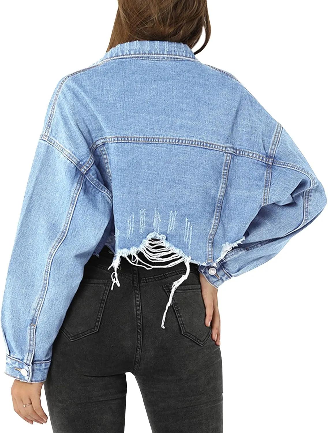 LONGYIDA Women's Jean Jacket Cropped Distressed Denim Jacket Long Sleeve Button Down Jean Jacket For Women