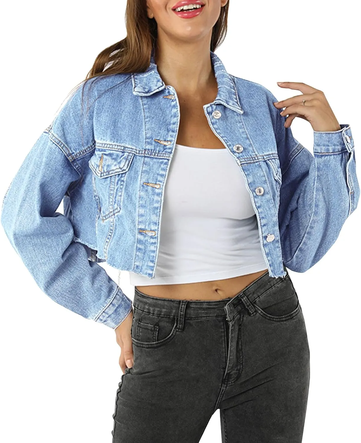 LONGYIDA Women's Jean Jacket Cropped Distressed Denim Jacket Long Sleeve Button Down Jean Jacket For Women