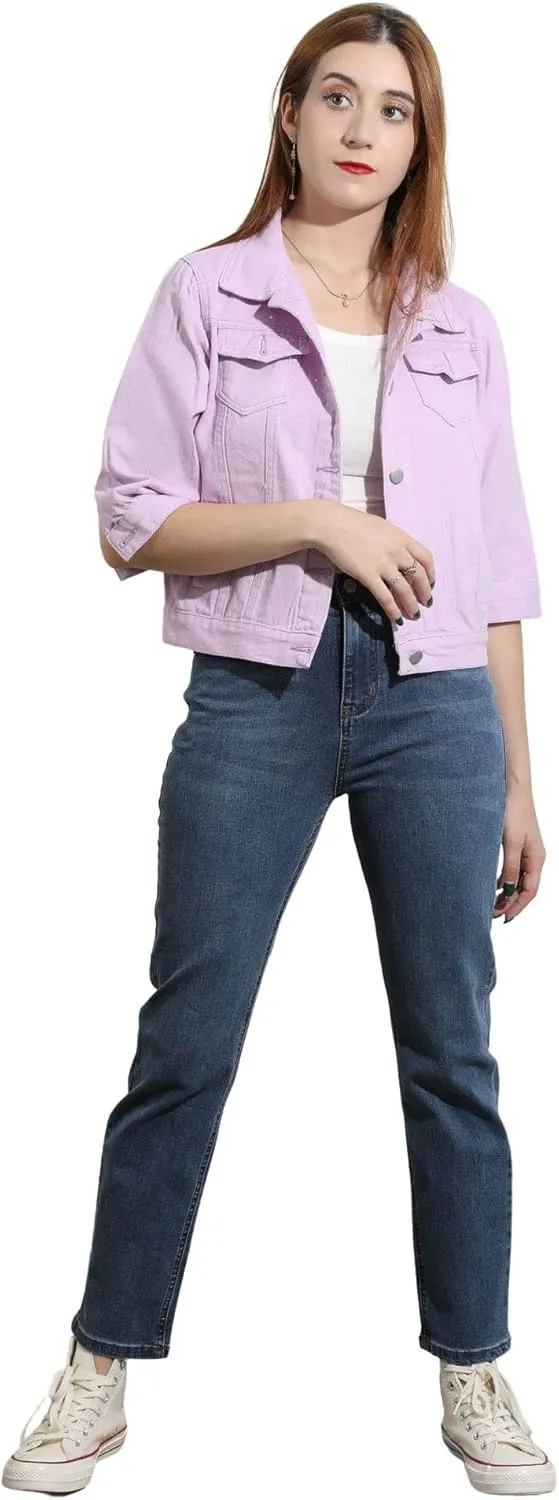 loveimgs Women Casual 3/4 Sleeve Button Down Cropped Denim Jean Jacket Motorcycle Short Jacket